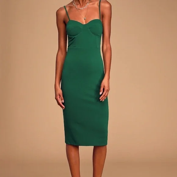 Lulus Exclusive: Dark Green Bustier Bodycon Midi Dress - Picture 1 of 5